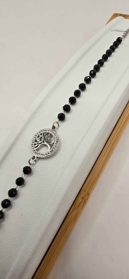 Bransoletka czarne koraliki drzewko szczęścia 17cm+4cm S. STEEL 316L