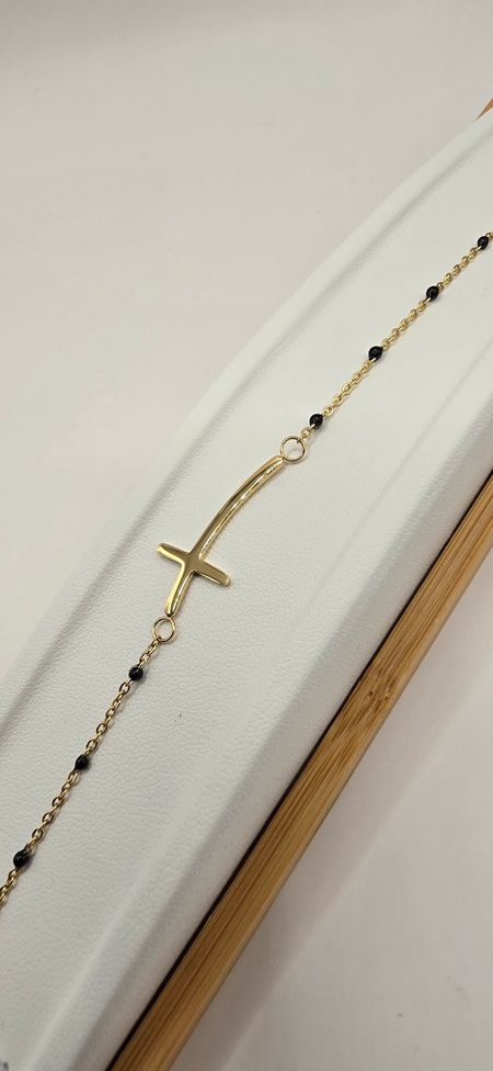 Celebrytka czarne koraliki krzyżyk 17cm+4cm S.STEEL 316L