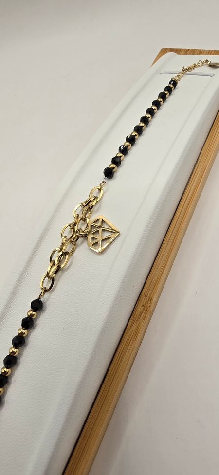 Bransoletka czarne koraliki diament 17cm+3cm S. STEEL 316L