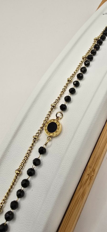 Bransoletka podwójna czarne koraliki kółko 17cm+3cm S. STEEL 316L