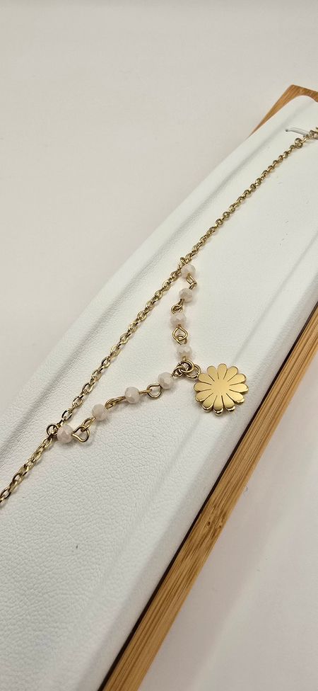 Celebrytka różowe koraliki Kwiatek 17cm+ 3cm S.STEEL 316L