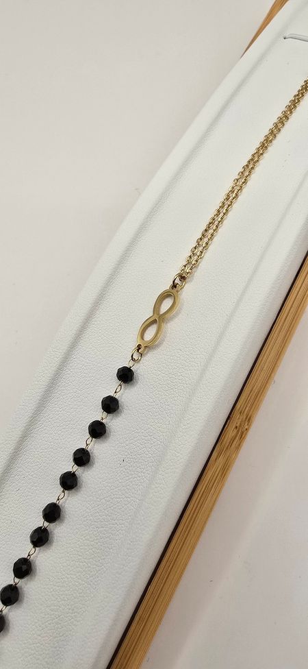 Celebrytka znak nieskończoności czarne kulki 18cm+4cm S.STEEL 316L