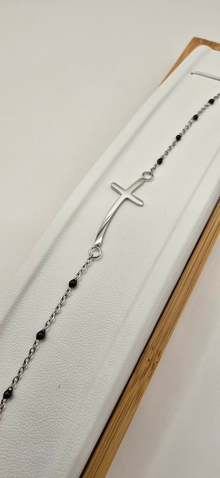 Srebra calebrytka czarne koraliki krzyżyk 17cm+4cm S.STEEL 316L