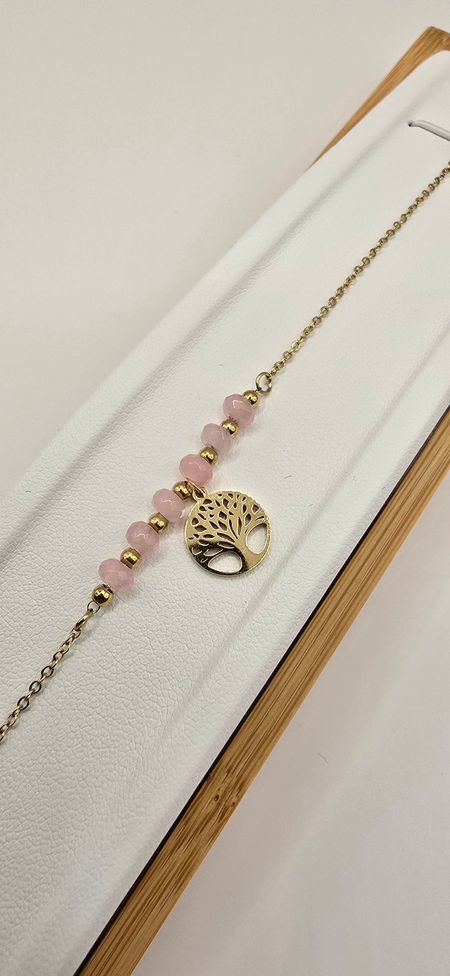 Celebrytka różowe koraliki drzewo szczęścia 17cm+4cm S.STEEL 316L