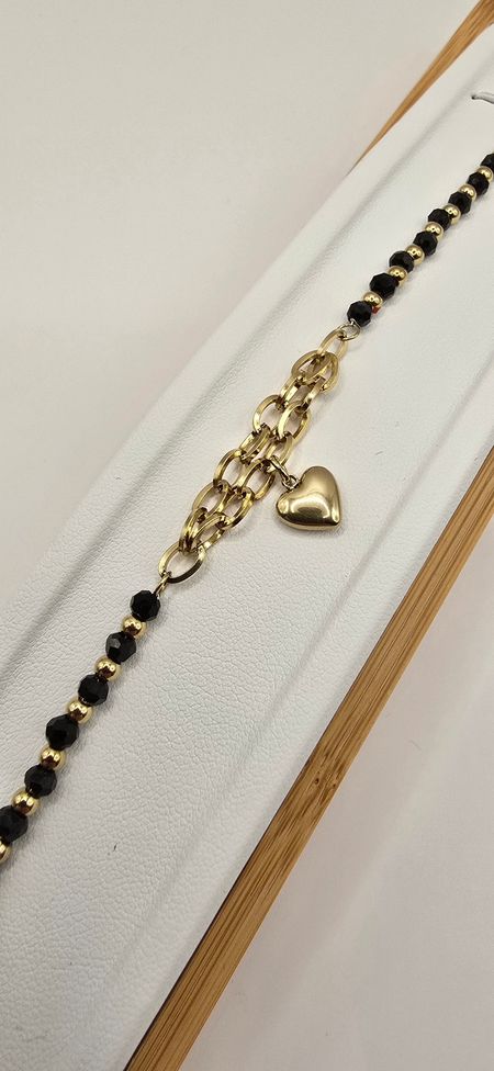 Celebrytka serce czarne kulki 17cm+4cm S.STEEL 316L