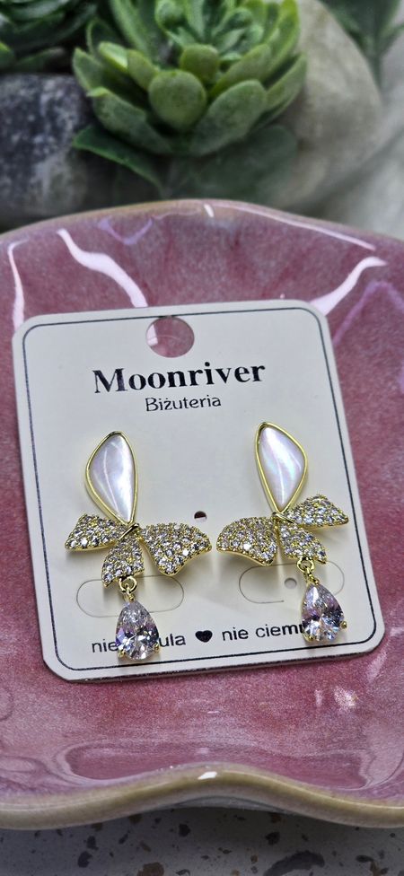 Złote Kolczyki motylki cyrkoniowe /perłowe skrzydełko