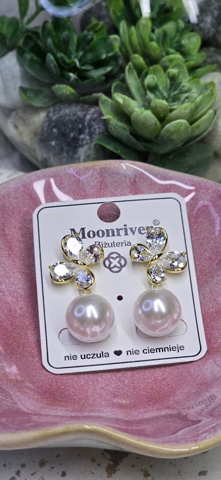 Kolczyki Cyrkoniowe motyle z perłą /sztyfty