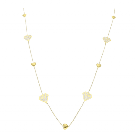 Celebrytka diamenty i serduszka 73+5 CM S. STEEL 316L