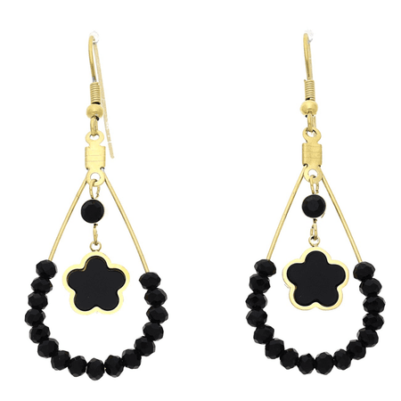 Kolczyki wiszące czarny kwiatek i koraliki  58/21 MM S. STEEL 316L